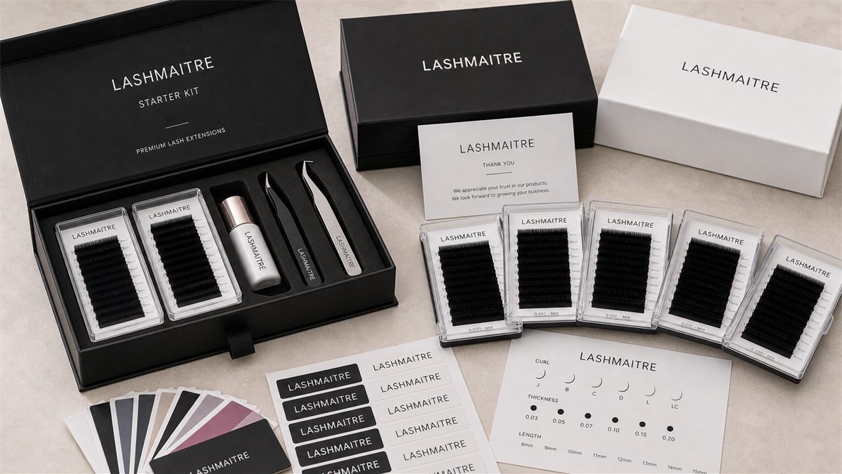 Private label lash kit packaging with LASHMAITRE branded box and lash trays