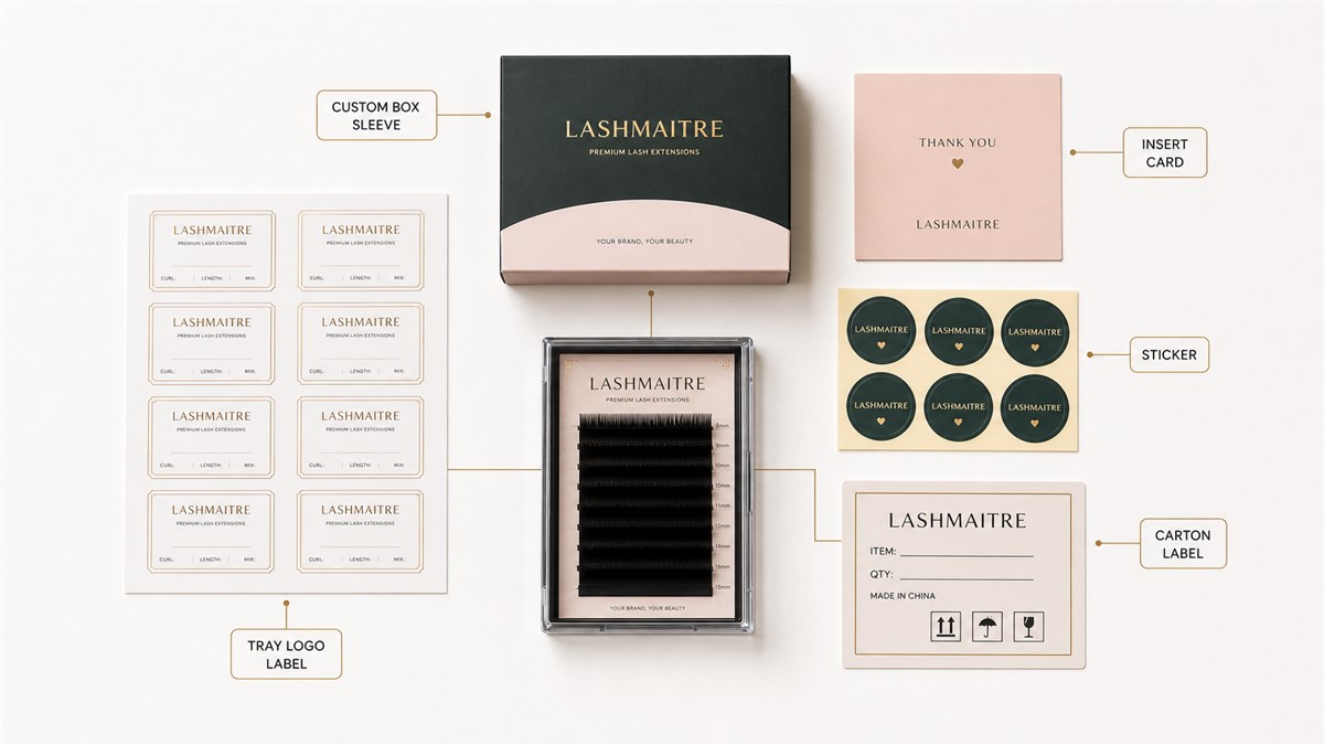 Private label lash packaging component map with tray label box insert sticker and carton label