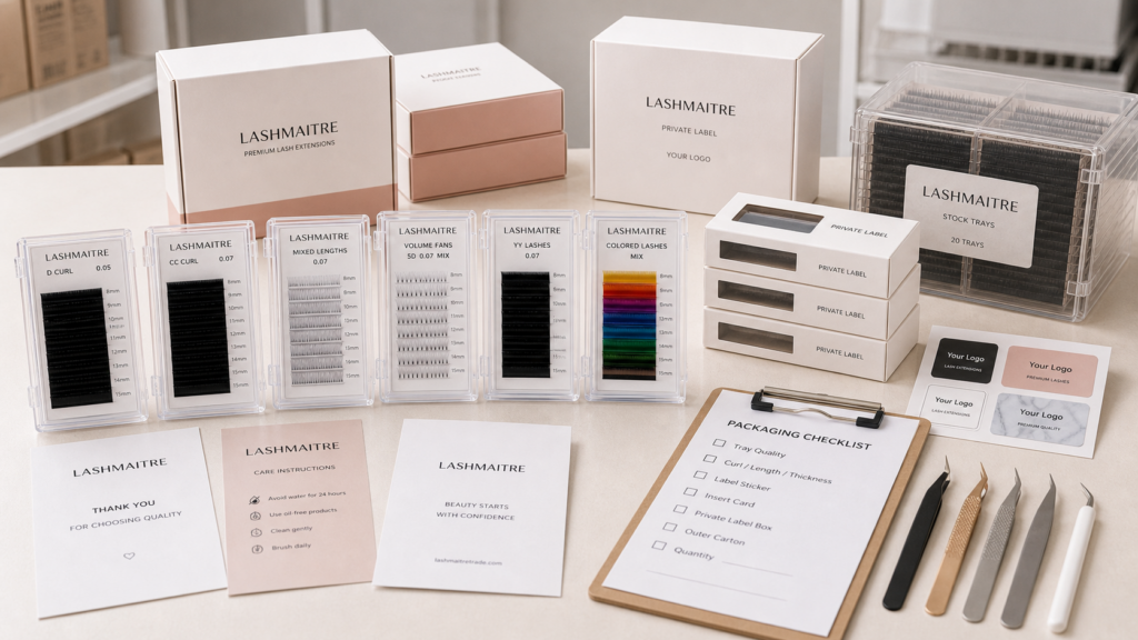 Private label lash tray packaging with LASHMAITRE labels, stock boxes, logo options, and packaging checklist.