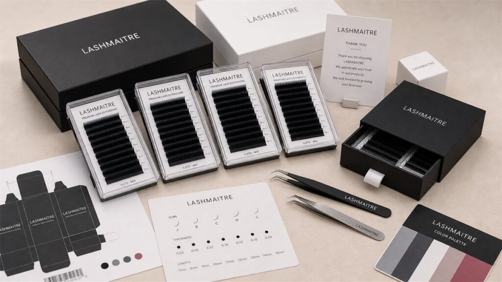 Private label lash kit packaging with LASHMAITRE branded trays custom boxes and insert cards
