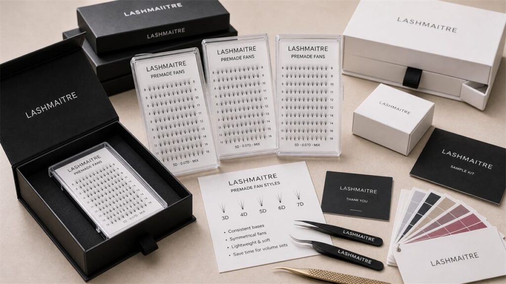 Private label premade fan lashes with LASHMAITRE branded boxes tray labels and insert card