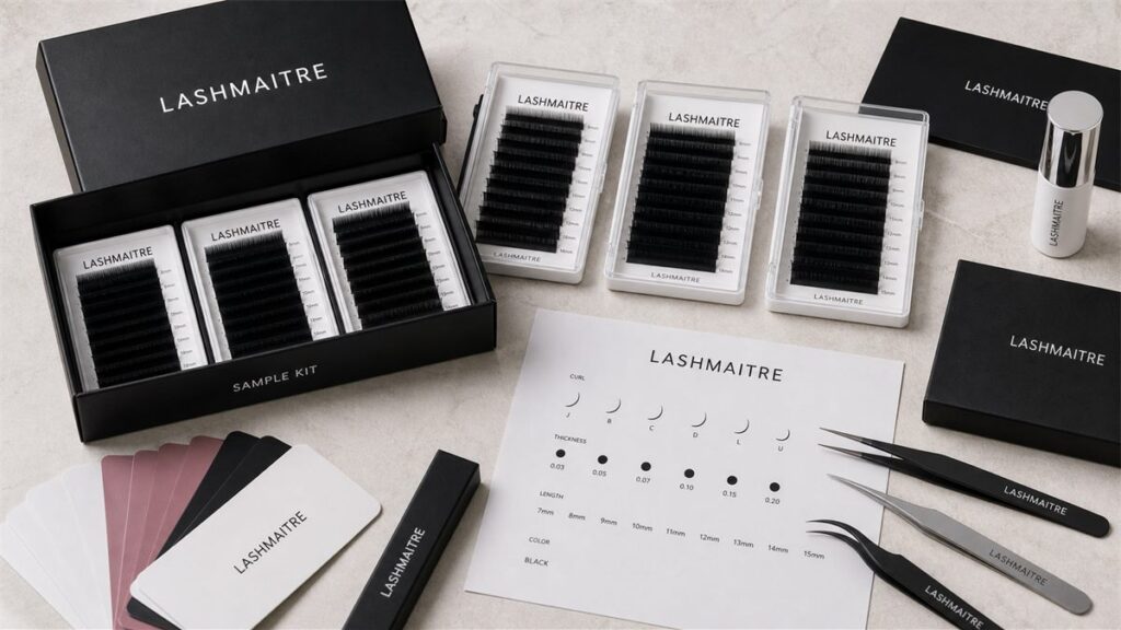 Lash extension sample kit with curl thickness and length spec sheet for OEM buyers