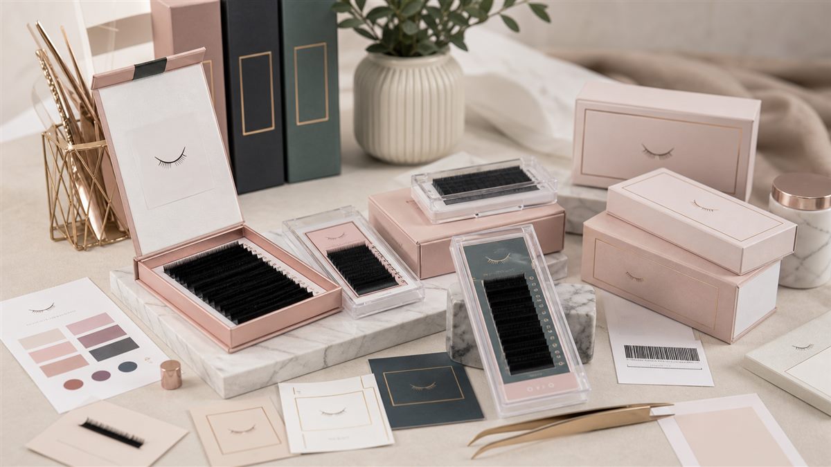 Private label packaging planning for silk lash extensions with tray labels boxes and insert cards