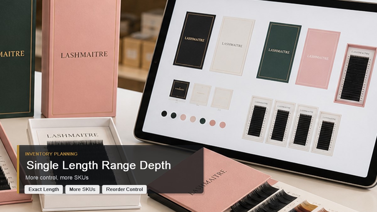Single length lash tray range depth with length rows inventory labels and reorder notes