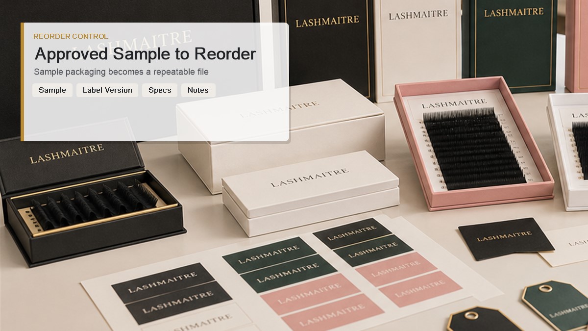 Approved lash sample SKU reorder record with tray specs label version and batch notes