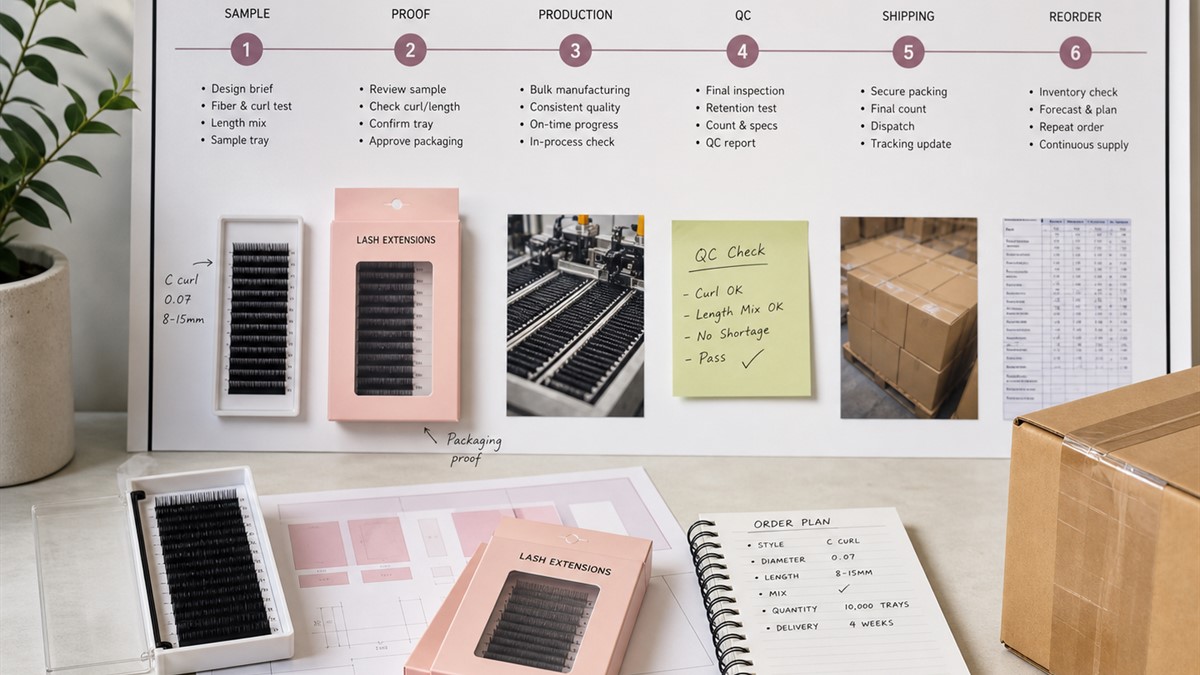 Lash manufacturer sample to bulk production timeline with approval packaging proof QC and shipping checkpoints