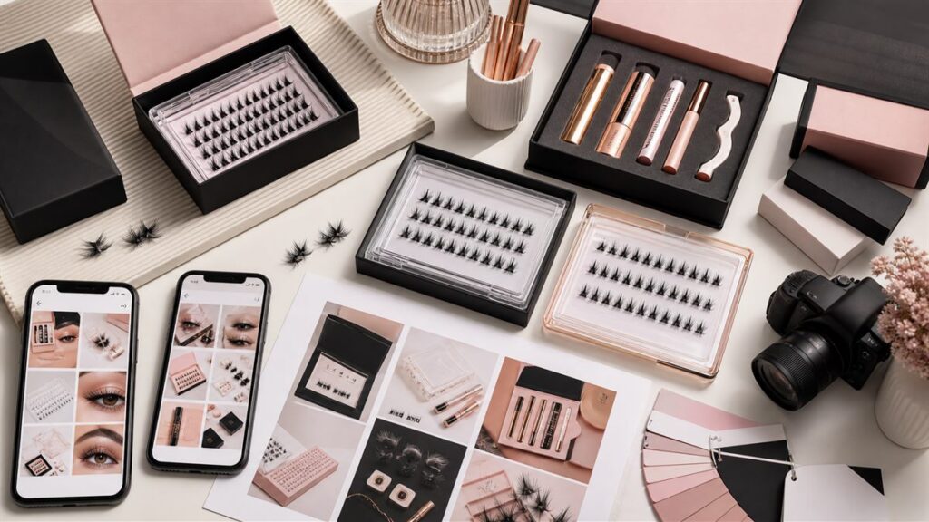 Cluster lash ecommerce content planning desk with product photos packaging and social campaign mockups