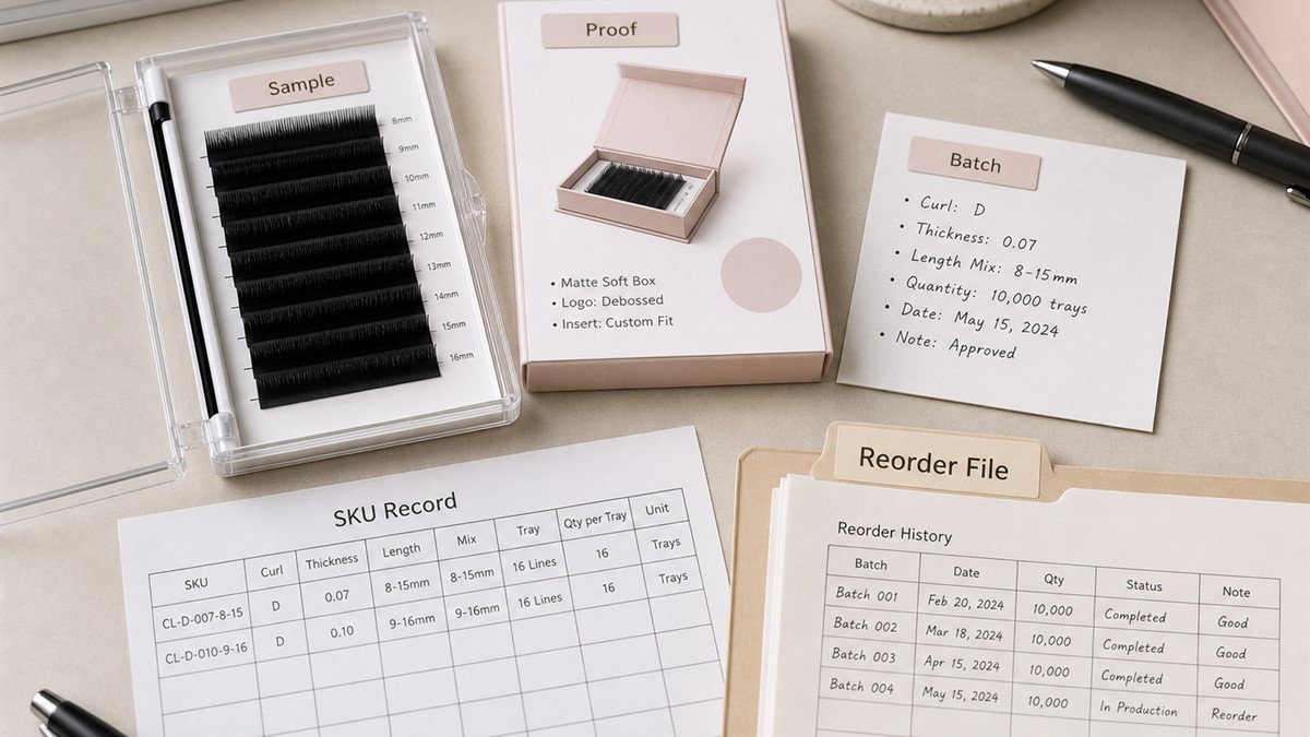 Factory direct lash reorder file with approved sample packaging proof batch note and SKU record