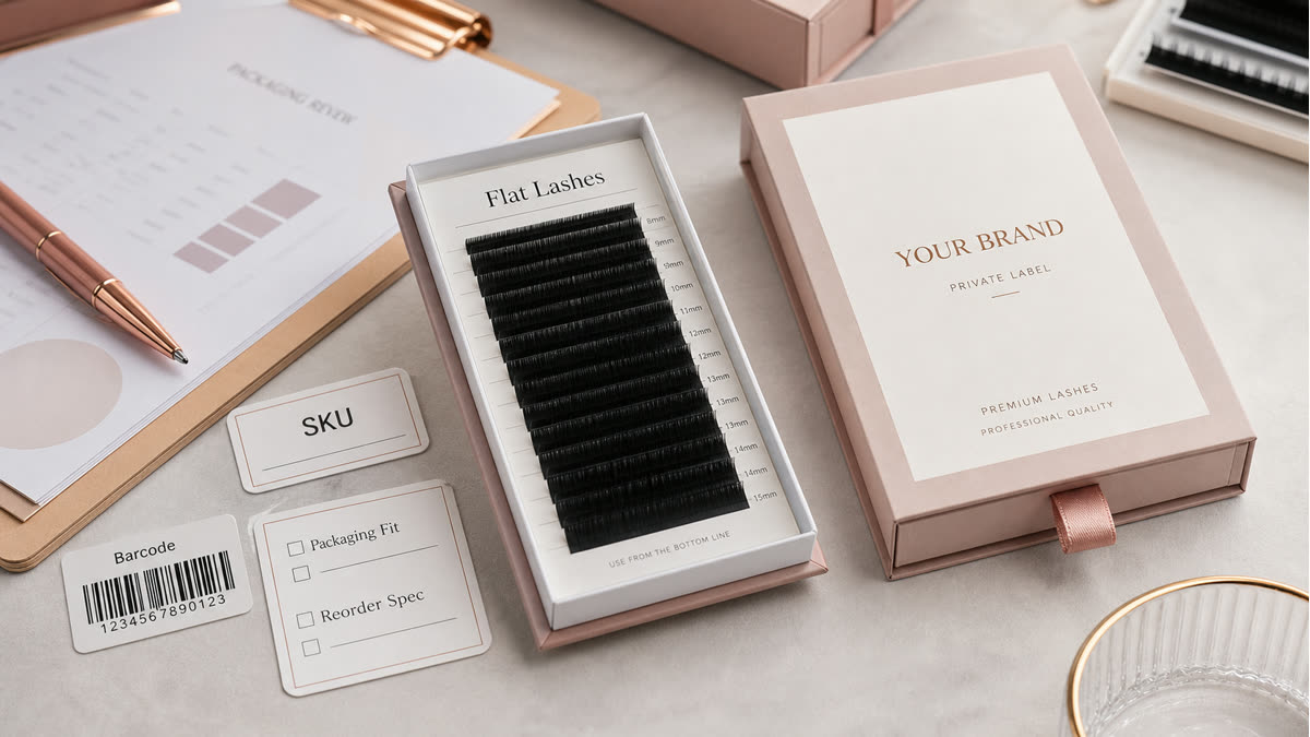 Flat lash sample check with tray label barcode space and private label packaging fit
