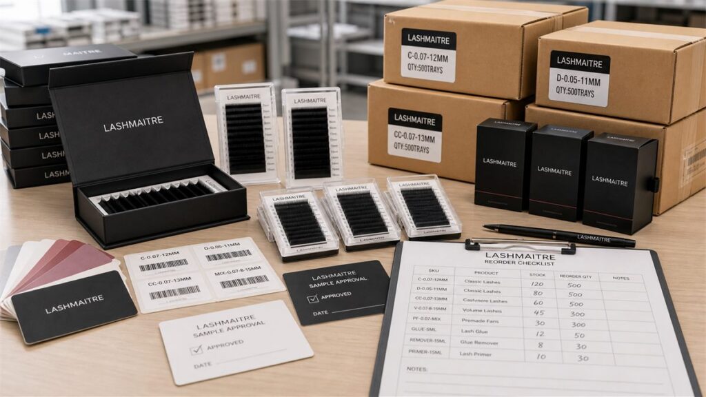 Lash business starter kit reorder checklist with SKU cards and approved samples