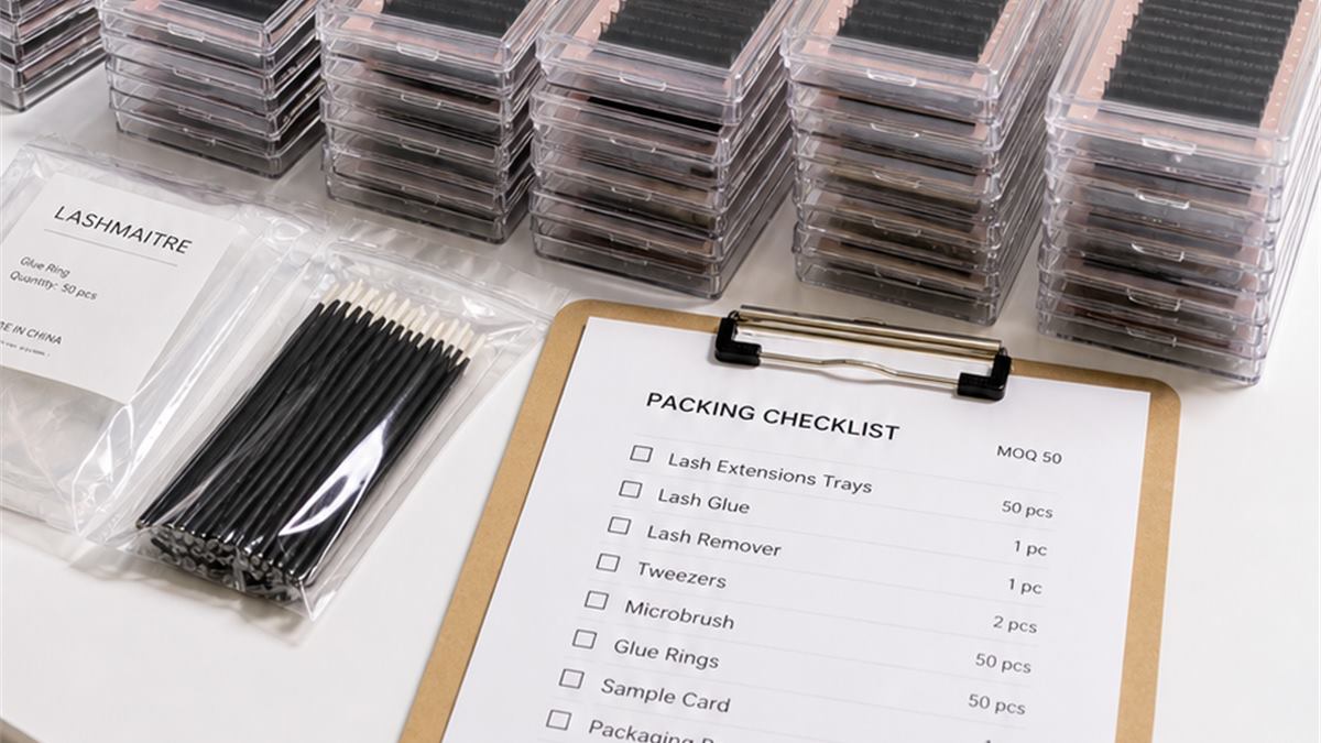 Lash extension kit reorder planning with MOQ 50 packing checklist and lash trays