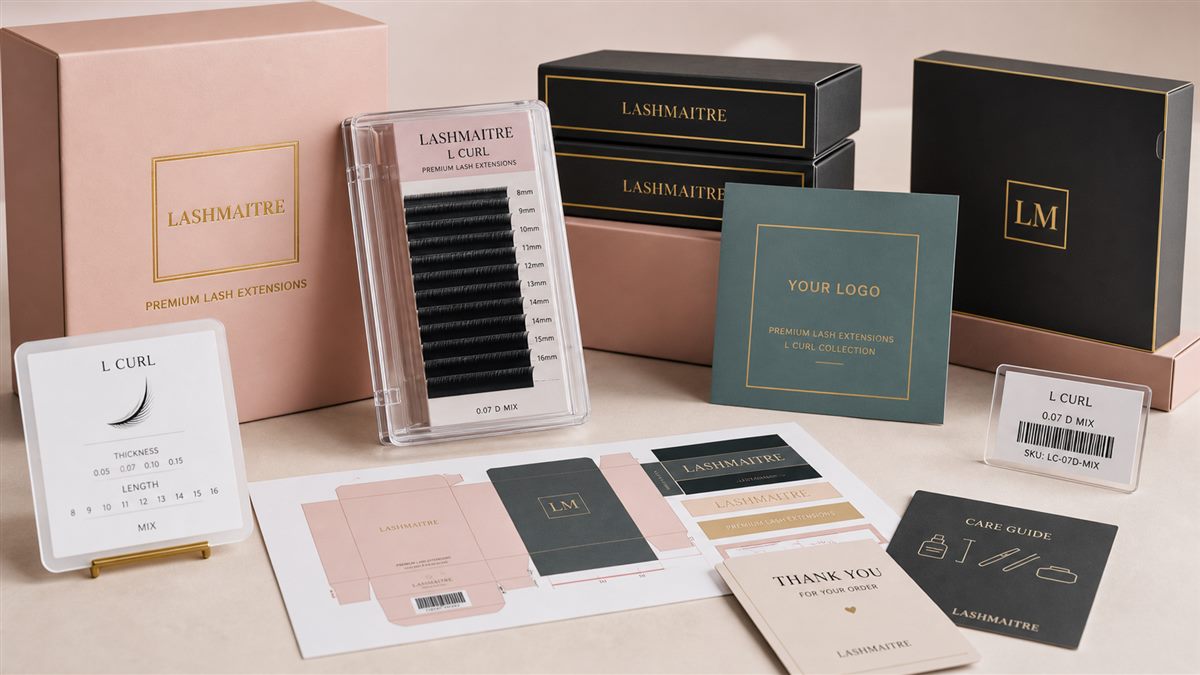 Private label packaging planning for L curl lash trays with SKU labels boxes and inserts