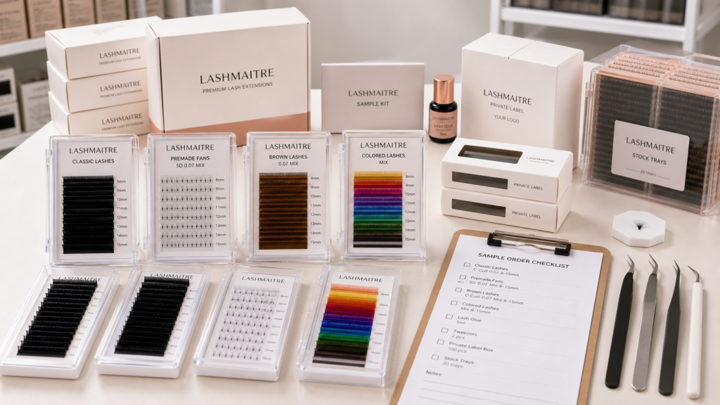 Lash extension SKU planning layout for brands comparing classic, premade fans, brown lashes, and private label packaging.