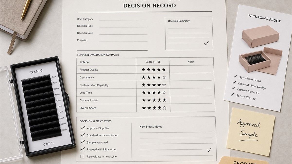Approved lash supplier decision record with sample approval packaging proof and reorder file
