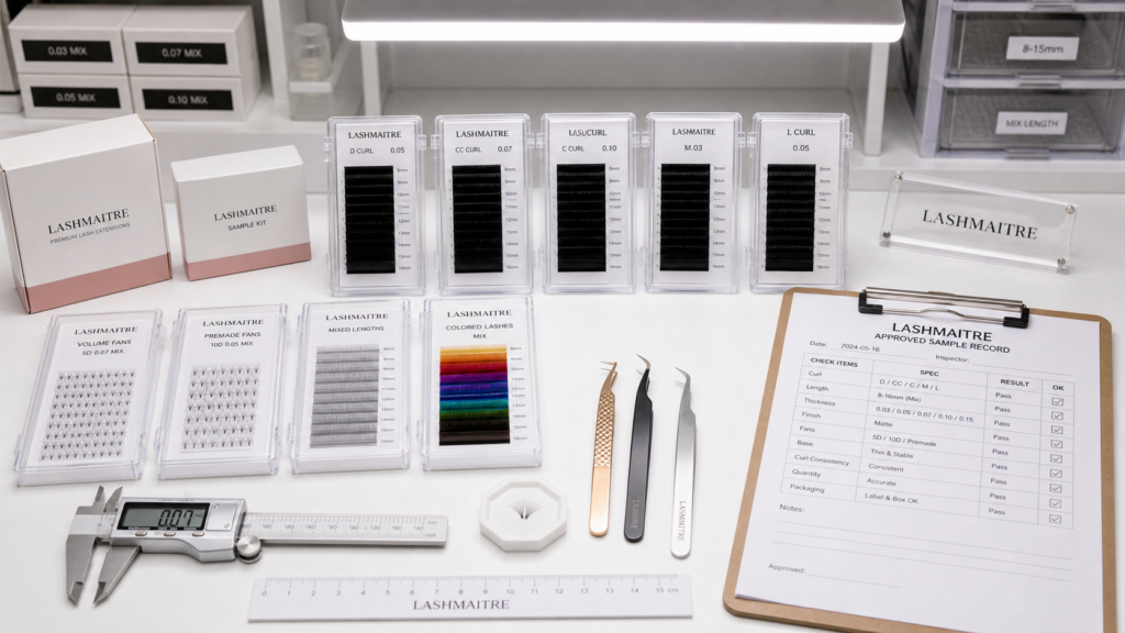 LASHMAITRE lash tray quality control desk checking eyelash extension tray labels, curl, length, thickness, and approved sample records.