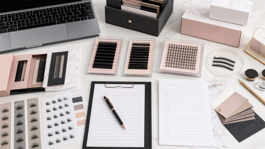 Eyelash extension factory sourcing desk with lash samples packaging swatches and inquiry checklist