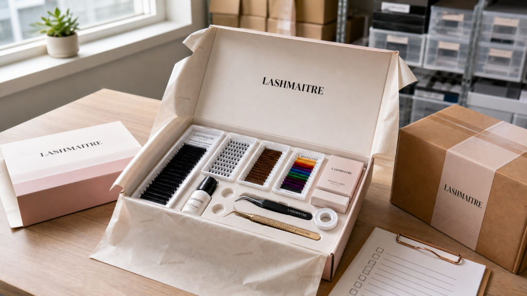 LASHMAITRE MOQ 50 sample kit box with classic trays, premade fans, cluster lashes, brown lashes, colored lashes, lash glue, tweezers, and private label packaging.