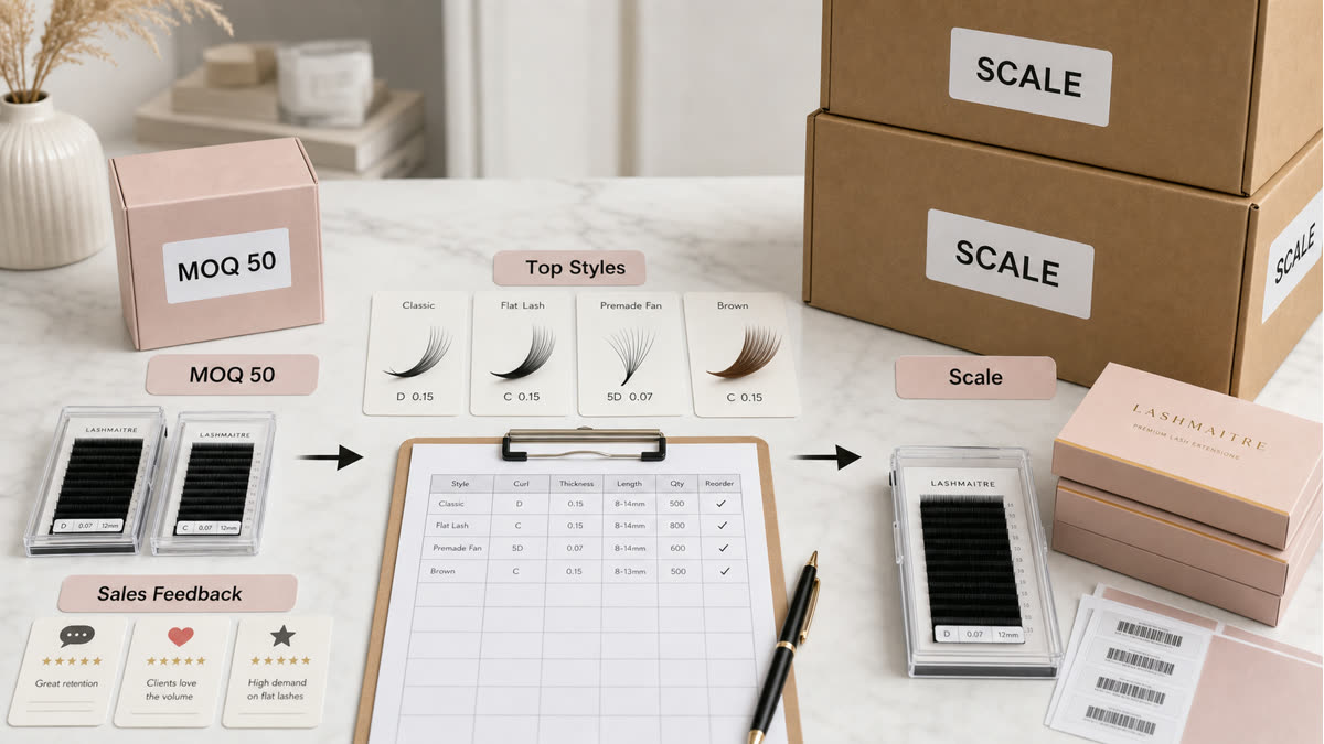 MOQ 50 lash order planning from starter order to reorder scale with trays cartons and style cards