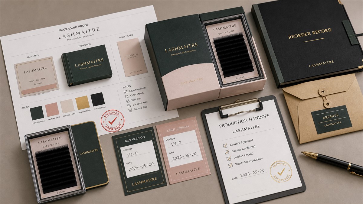 Lash packaging artwork proof and production handoff record connected to approved sample packaging