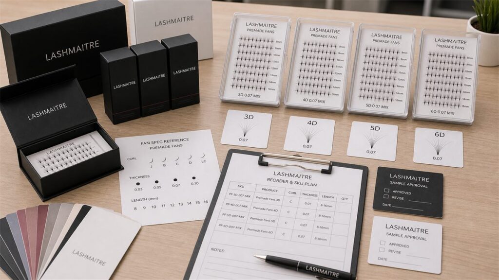 Premade fan lashes SKU planning with fan dimensions curl length cards and reorder sheet