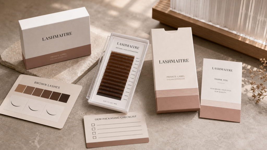 LASHMAITRE private label brown lash packaging with brown lash tray, color tone card, sample box, and spec label for wholesale buyers.