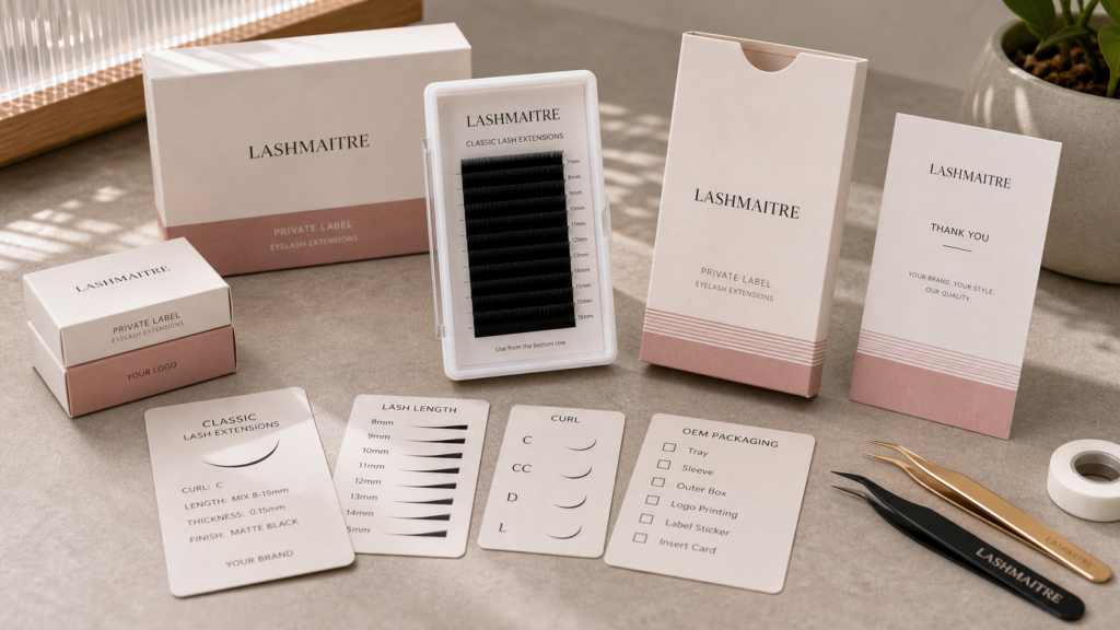 LASHMAITRE private label classic lash packaging with classic lash tray, tray label, spec card, sample box, and OEM packaging materials.