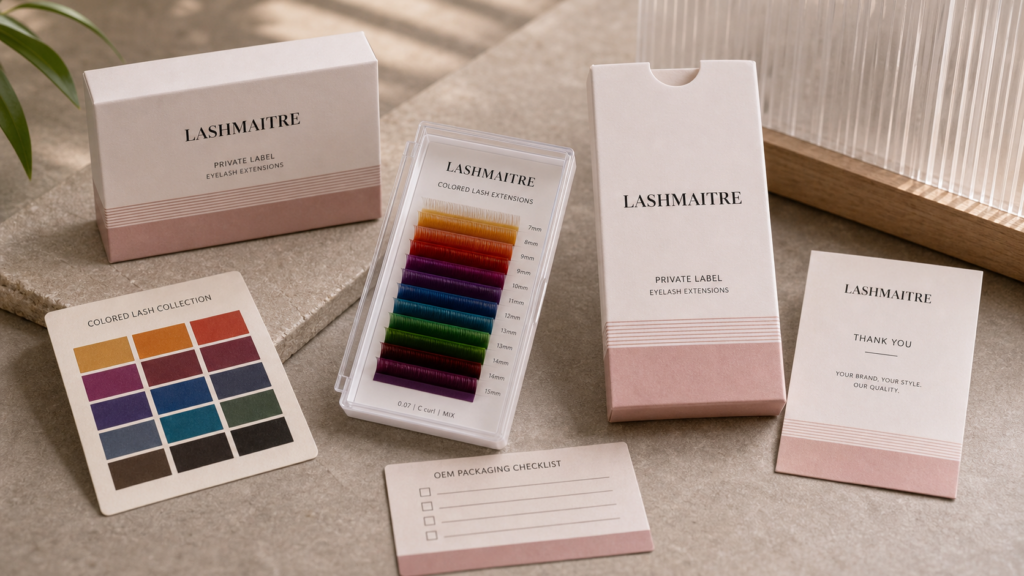 LASHMAITRE private label colored lash packaging with colored lash tray, swatch card, sample box, and product spec label.