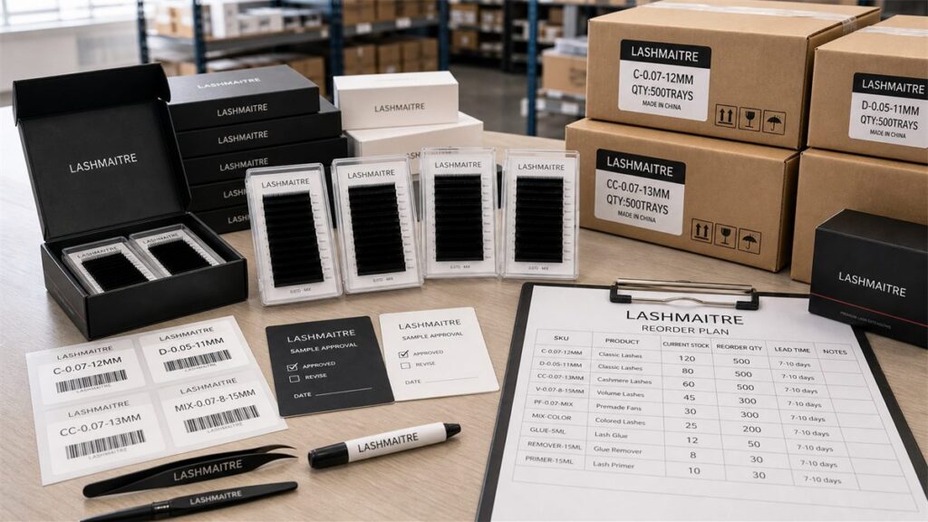 Wholesale lash tray reorder control with SKU labels carton marks and approved samples