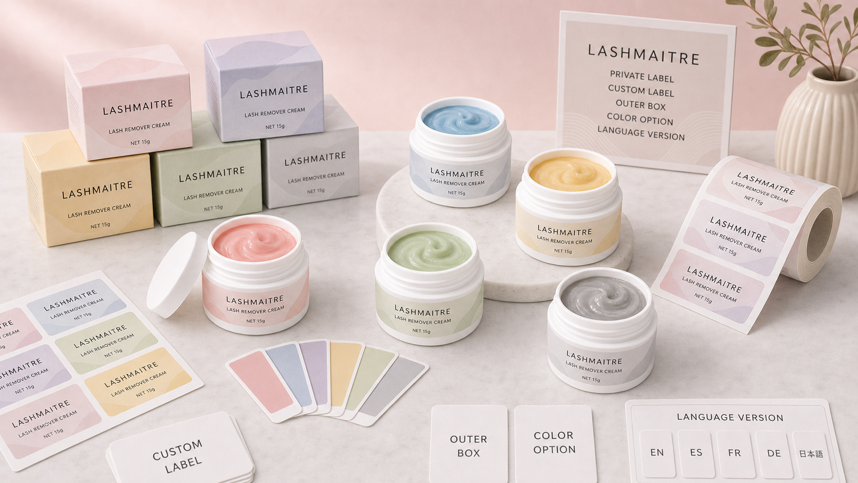 private label lash remover cream with custom label outer box and language version options