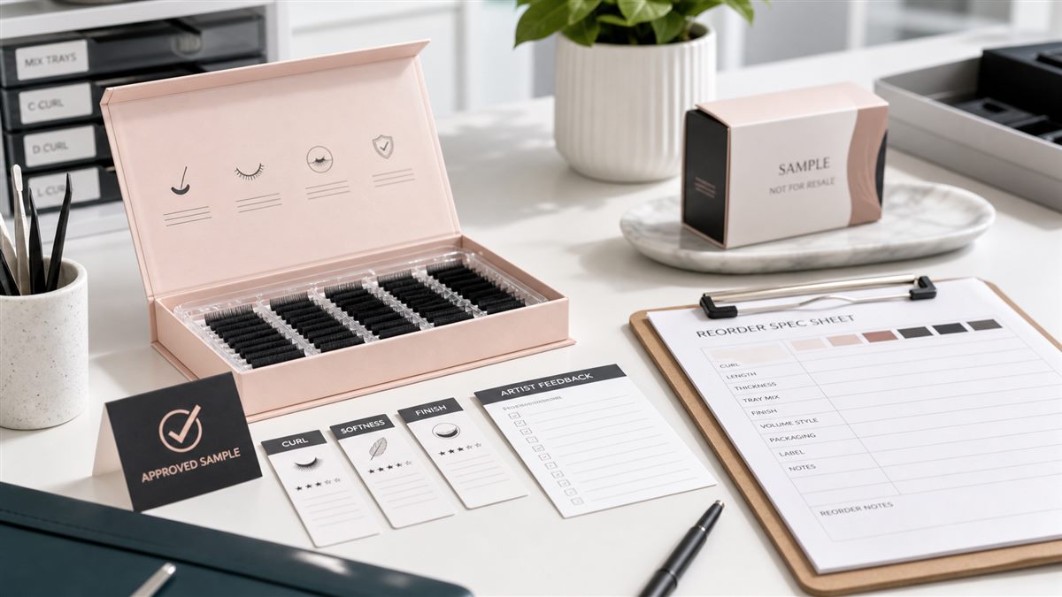 Silk lash extension sample approval desk with trays feedback cards and wholesale sample carton