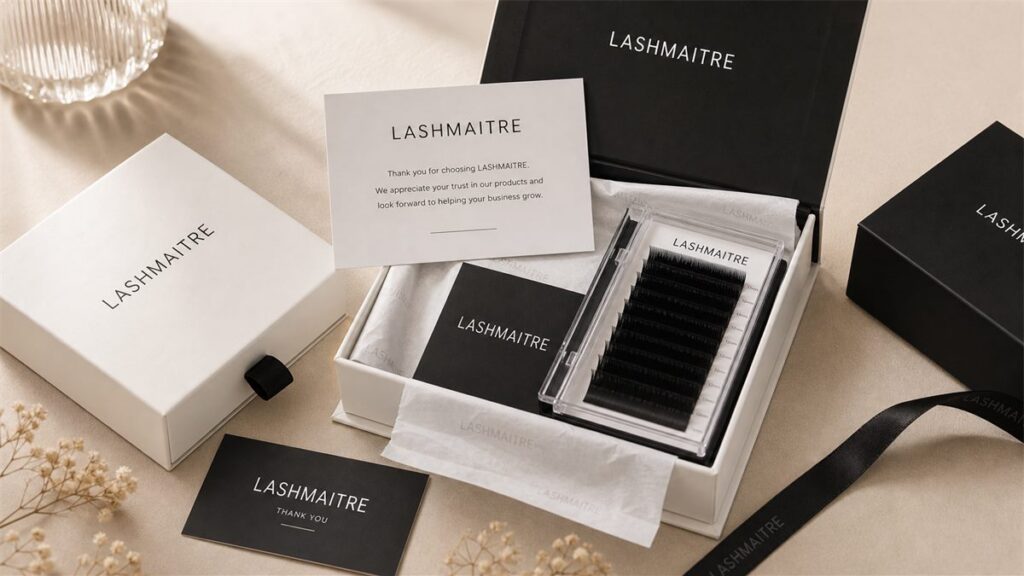 OEM lash sample approval checklist with LASHMAITRE branded lash extensions and buyer notes