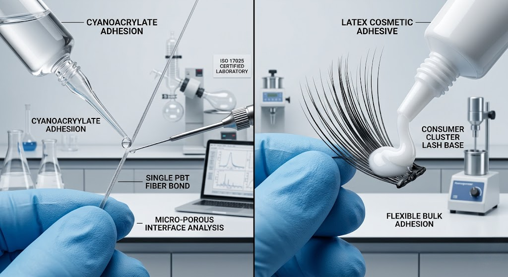 A B2B laboratory split-screen macro comparison showing professional cyanoacrylate bonding on PBT fiber versus latex adhesive applied to diy eyelash extensions clusters.