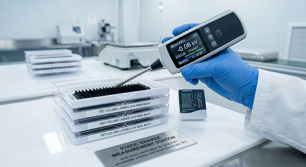 B2B factory technician using an electrostatic field meter on PBT lash trays to ensure seamless fiber pick-up for an ofan for eyelash extension in low-humidity climates like Syracuse, NY.