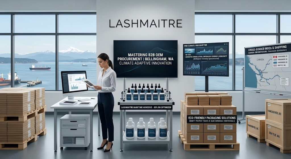 A B2B procurement manager in a coastal office coordinating logistics for maritime adhesives, eco-friendly packaging, and cross-border wholesale shipments of professional eyelash extensions bellingham washington.