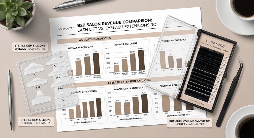 Premium flat-lay of a B2B financial dashboard and LASHMAITRE OEM products, illustrating the salon revenue and ROI comparison of a lash lift vs eyelash extensions to help beauty business owners maximize profits.