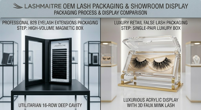 Highly styled B2B showroom display comparing a utilitarian 16-row deep-cavity magnetic box of professional eyelash extensions against a luxurious single-pair retail acrylic display box for hand-tied 3D faux mink lashes. Nearby display cases are visible containing complementary tools such as 'ofan for eyelash extension'.