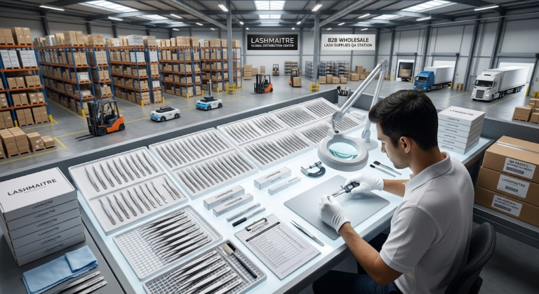 A professional top-down view of a wholesale distribution warehouse desk where a quality control technician is meticulously inspecting dozens of premium, custom-branded eyelash extensions tweezers before B2B shipment.