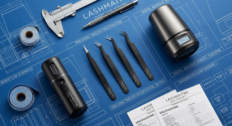 Top-down flat lay of a LASHMAITRE professional B2B salon hardware kit on a technical blueprint, featuring matte black tweezers, a digital adhesive shaker, and a nanomister as premium wholesale tools for eyelash extensions.