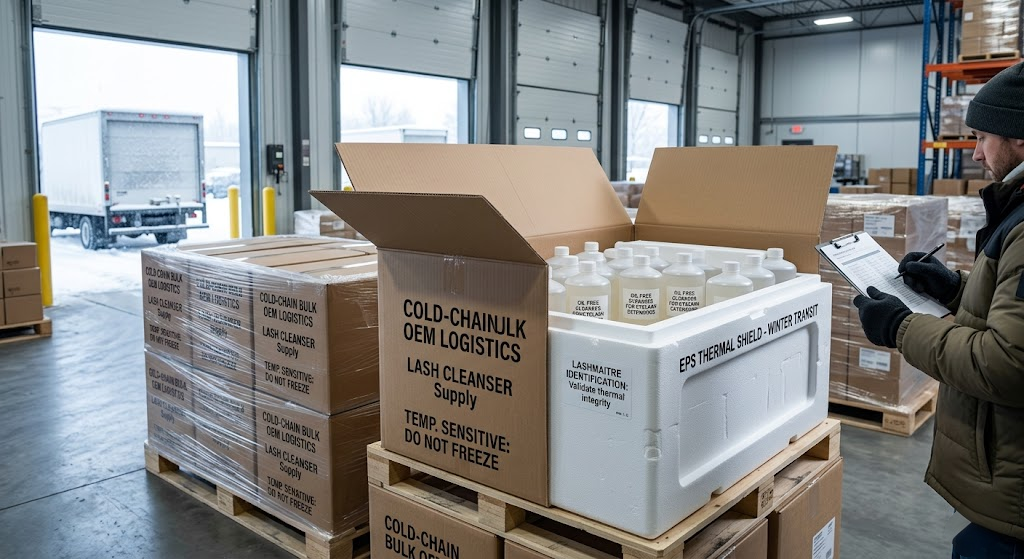 B2B warehouse setting showing thick EPS thermal insulation packaging used in cold-chain logistics to protect bulk shipments of an oil free cleanser for eyelash extensions from freezing.