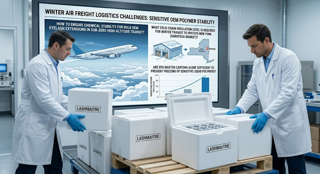 Factory logistics team packing thermal-insulated EPS cartons with hypoallergenic adhesive to ensure the chemical stability of eyelash extensions saratoga during high-altitude winter air freight.