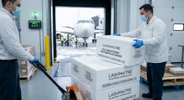 Factory logistics team loading thermal-insulated EPS cartons with cyanoacrylate adhesive to ensure the chemical stability of products used alongside an ofan for eyelash extension during transit to Syracuse, NY.