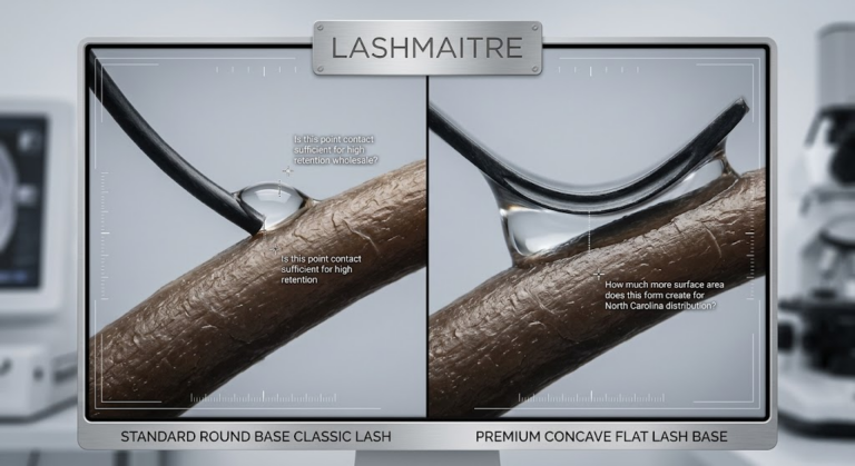Extreme macro comparison of a standard round lash base versus a premium concave flat lash base, demonstrating the expanded adhesive bonding area critical for high-retention eyelash extensions jacksonville nc.