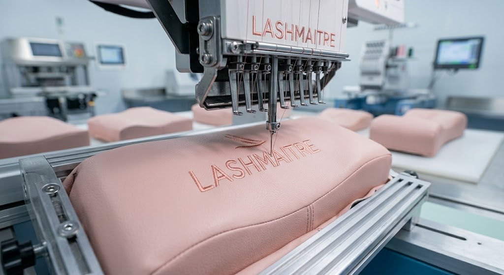 A mechanized CNC embroidery machine stitching a rose-gold brand logo into a blush-pink PU leather cover for a custom pillow to extension eyelash.