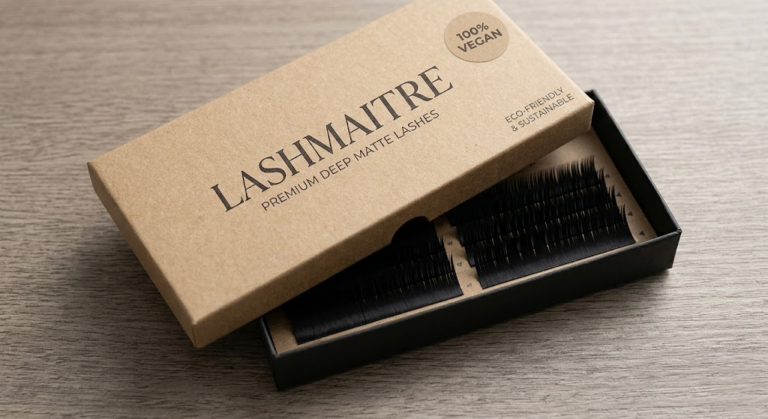 A professional top-down shot of premium OEM eco-friendly packaging containing deep matte faux mink eyelash extensions, featuring a sleek recycled kraft paper box, custom branding, and a 100% Vegan badge for B2B wholesale.