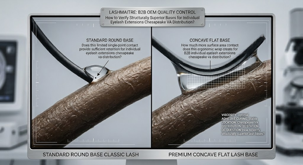 An extreme macro quality control analysis contrasting the minimal single-point contact of a standard round classic lash with the massive, structurally superior surface area contact of a premium, concave-base individual eyelash extensions chesapeake va distributed by LASHMAITRE.