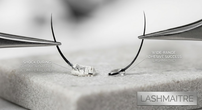 A high-contrast macro shot comparing a white, brittle shock-cured lash adhesive on the left with a perfectly transparent, flexible bond on the right, demonstrating the need for climate-resilient glue when applying eyelash extensions wichita.