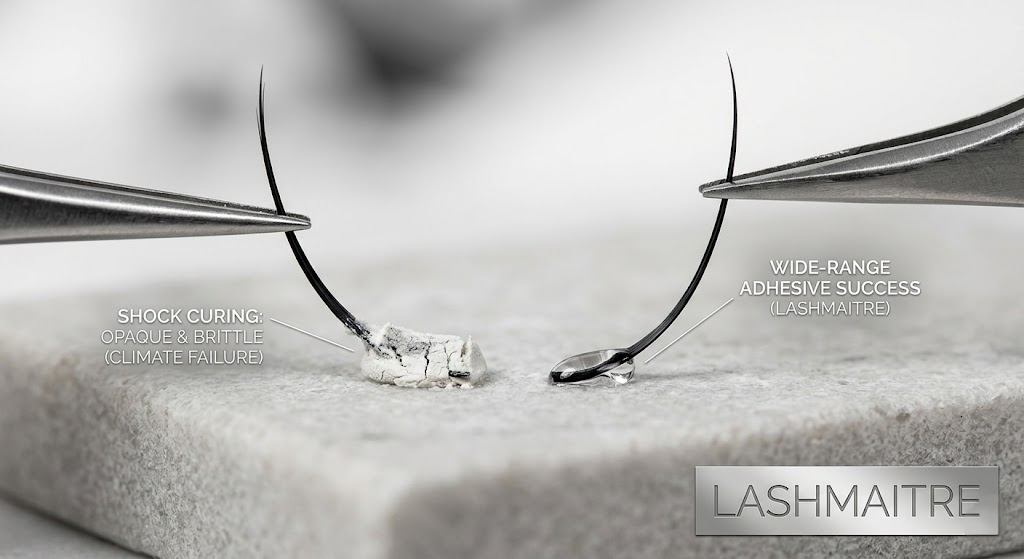 A high-contrast macro shot comparing a white, brittle shock-cured lash adhesive on the left with a perfectly transparent, flexible bond on the right, demonstrating the need for climate-resilient glue when applying eyelash extensions wichita.