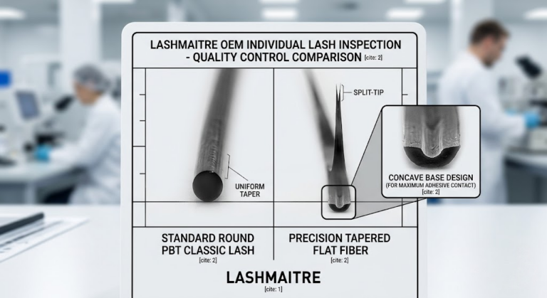 Extreme macro photography comparing a standard round PBT lash to a precision flat fiber with a concave base, highlighting the structural superiority required for premium lexington ky eyelash extensions.