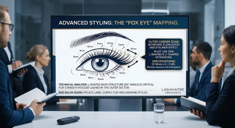 A professional B2B presentation slide showing a detailed Fox Eye lash mapping diagram, specifically illustrating the use of l shaped eyelash extensions and L+ extensions on the outer corners to create a lifted eyeliner effect.