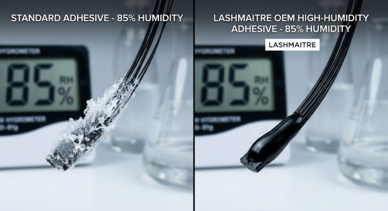 A split-screen macro lab test comparing standard adhesive shock polymerization against a high-humidity stable LASHMAITRE OEM adhesive, essential for durable charleston eyelash extensions in 85% humidity.